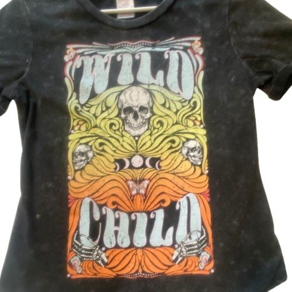 Girls T-Shirt Size 7 - 9 Medium Short Sleeve Black Graphic Wild Child Hippie